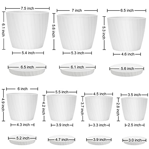 7 pcs Plant Pots with Drainage Holes and Saucers (7 Count)