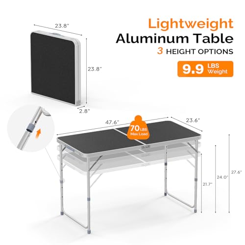 4FT White Folding Table with Carrying Handle Height Adjustable Lightweight Fold Up Portable for Indoor Outdoor Picnic (Black / 4ft)