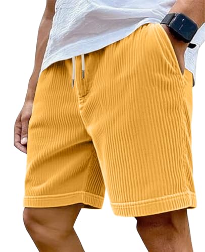 Men's Corduroy Shorts Casual Elastic Waist Drawstring Lightweight Summer Beach Shorts (Yellow-1 / XX-Large)