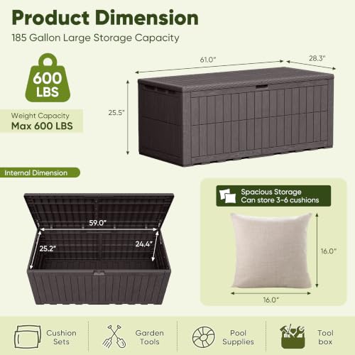 185 Gallon Deck Box Resin Outdoor Storage Box Waterproof (Deep Brown / 185 Gallon)