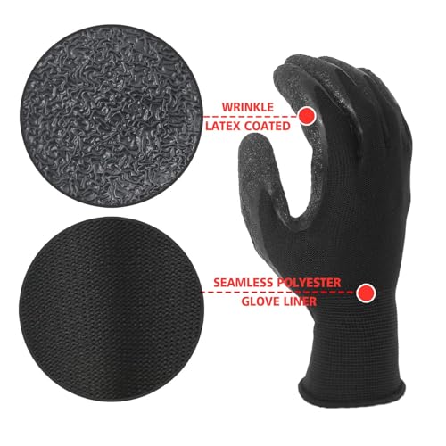 Crinkle Latex Rubber Hand Coated Safety Work Gloves for Men Women General Multi Use Construction Warehouse Gardening Assembly Landscaping (X-Small / Black-120 Pairs)