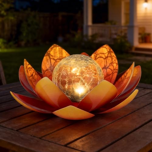Solar Lights Outdoor Garden Decoration Crackle Globe Glass Waterproof LED Metal Orange Lotus Flowers Gift for Mom (Dazzling Blue)