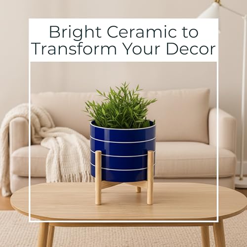 Striped Ceramic Planters with Wooden Stand for Home Decor Flower Pots for Entryway