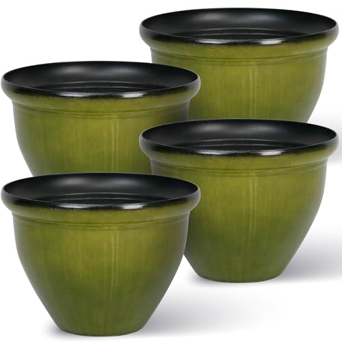 Garden 12 Inch Dia. Round Green Plastic Planters with Drain Holes (4-Pack 12 in. / Green)