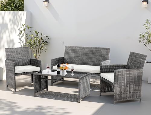 4 Piece Patio Ratten Set Outdoor Furniture Set Wicker Conversation Set with Cushions and Tempered Glass Tabletop (Beige)