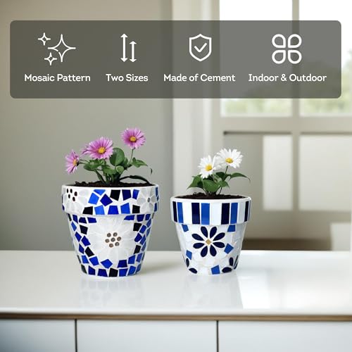 Set of 2 Flowerpots with Mosaic Pattern. Decorative Plant Pots with Drainage Holes for Indoor Outdoor (2 Count)