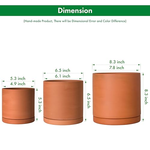 3 Pack Classic Terracotta Pots & Saucers (5+6+8 Inch / Terracotta)