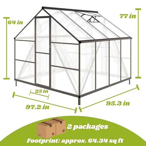 8x8FT Outdoor Polycarbonate Greenhouse with Roof Vent (Dark Gray / 8×8FT)
