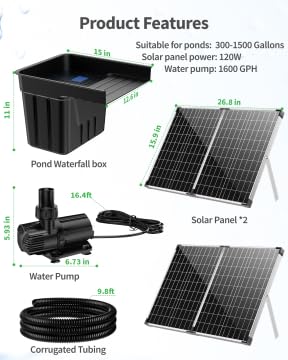 Solar Pond Waterfall with 120W Solar Panel & 1600GPH Pond Pump (120W Solar Powered Up to 3200 Gallons)