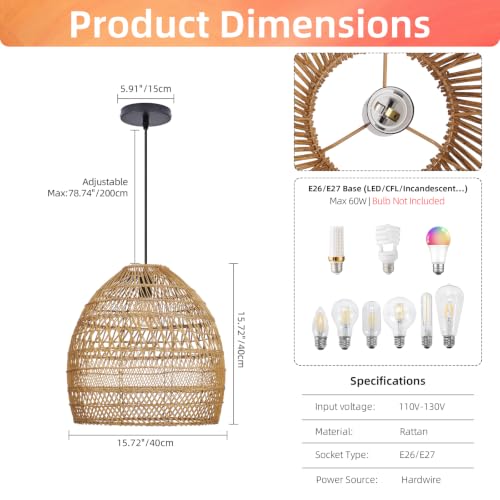 1 Light Rustic Rattan Chandelier for Dining Room 15.7" (1-Light / 15.7")