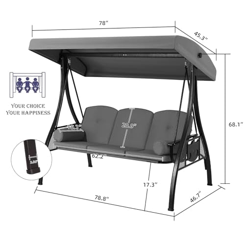 3 Seat Porch Swing with Adjustable Canopy (Gray)