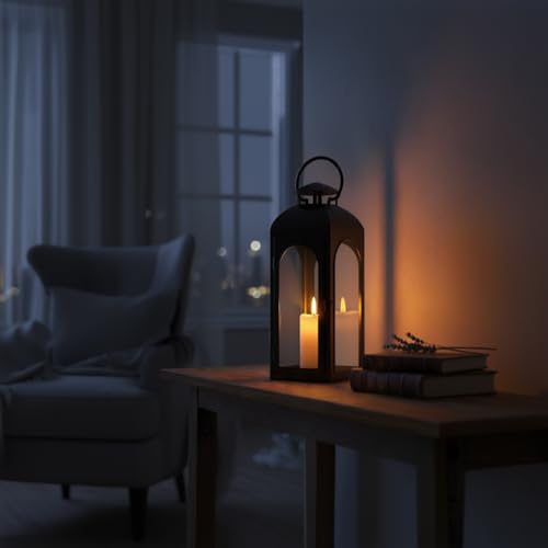 16 Inches Metal and Tempered Glass Candle Lantern (Black-m / 16 Inch)