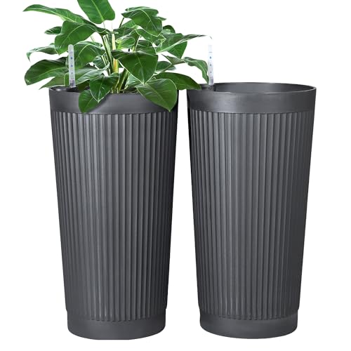 Self Watering Tall Planters Set of 2 (Gray-round Ribbed)