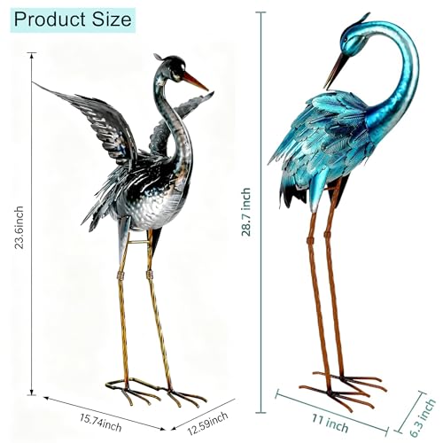 Garden Crane Statues Blue Heron Metal Birds Yard Art Ornament (Dark Blue)