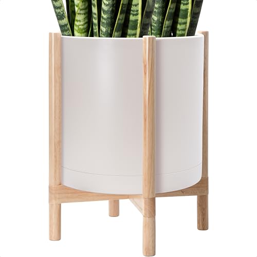 Plastic Pot with Natural Wood Stand (Oatmeal Pot + Natural Stand / 16 Inch)