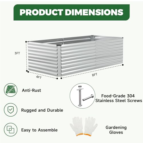 8x4x3ft Outdoor Metal Raised Garden Bed (Silver / 8x4x3 FT-2PC)