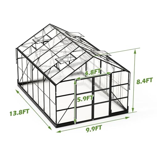 10x14 FT Polycarbonate Greenhouse with 4 Roof Vents (10*8.4*14FT)