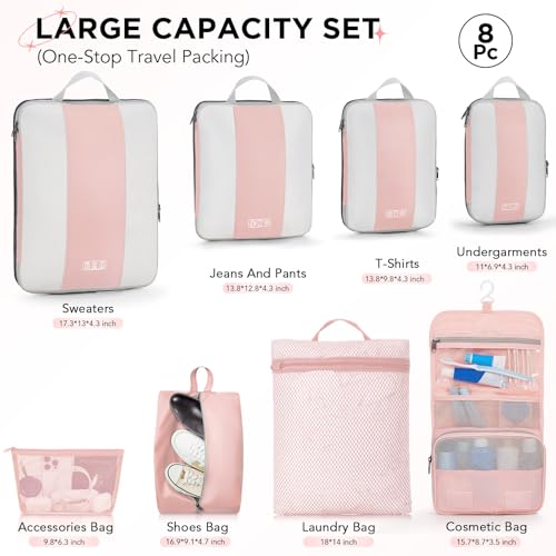 8 Set Compression Packing Cubes for Travel Essentials (Pink)