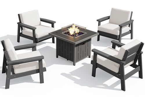 HDPE Patio Furniture Set with 33” Square Fire Pit Table (Grey/Khaki)