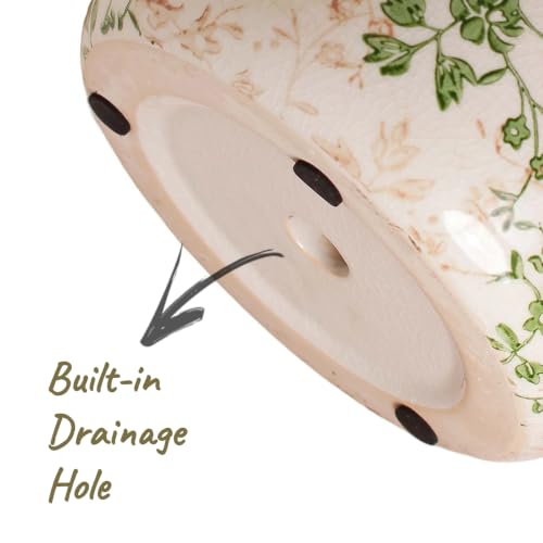 Country Cottage Ceramic Plant Pots with Decorative Tray (Sage Beige / 7.7 in - w/ Saucer)