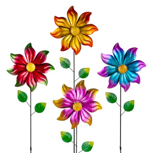 4 Packs Metal Flowers Wind Spinners Outdoor (Flowers-gradient)
