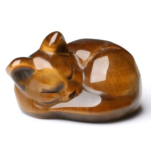 Tiger Eye Cat Healing Crystals Figurine Sleeping Cat Hand Carved Cute Statue Polished Stone Sculpture Reiki Office Room Bedroom Desk Home Decoration Gifts 1.6"