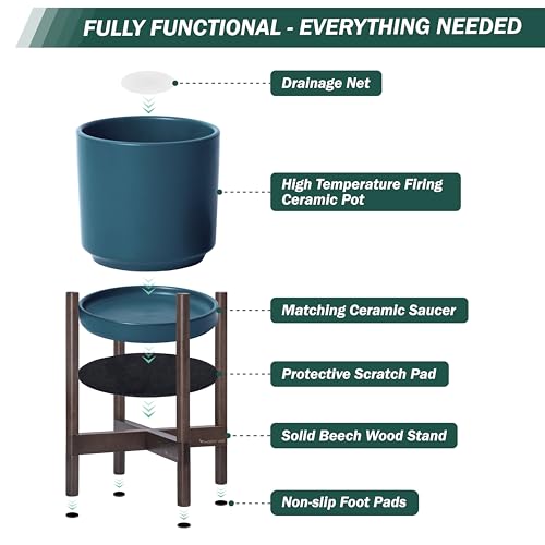 Ceramic Pot with Walnut Wood Stand (14 Inch / Teal Pot + Walnut Color Stand)