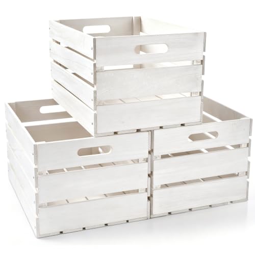 3 Pack Large Wood Crates Box for Storage 12 x 10 x 8 Inches Unassembled Wooden Milk Crates with Handle Decorative Nesting Box for Winter Display Rustic DIY Office Home Retail Art (White / 12 Inch)