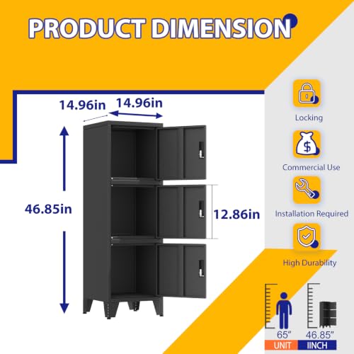Metal Narrow Storage Lock Cabinet (Black / 3 door-47")