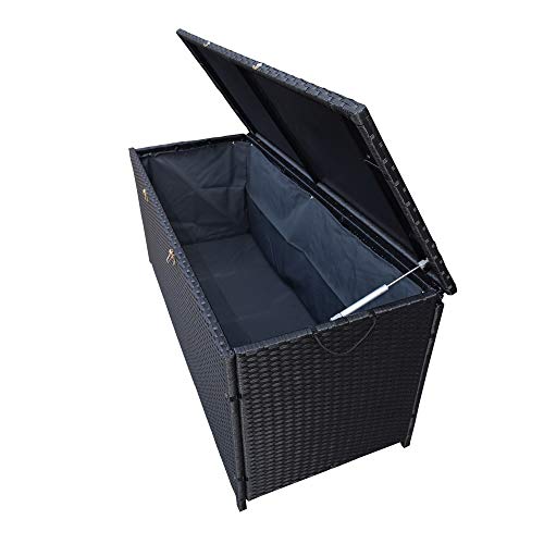 Dark Black Indoor and Outdoor Balcony Patio Deck Porch Pool 113 Gallon Wicker Storage Box Trunk Bin with Metal Frame