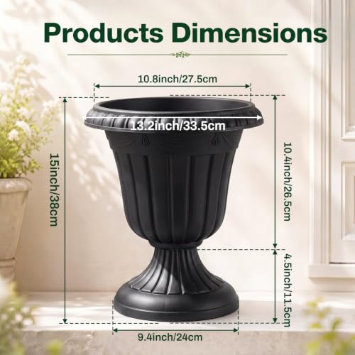 4 Pcs 13 x 15 Inches Black Plastic Urn Planter Classic Flower Pots Front Porch Planters Indoor Outdoor Planters with Pedestal for Wedding Party Bridal Shower Garden Patio Porch (13 x 15 Inches / Black)