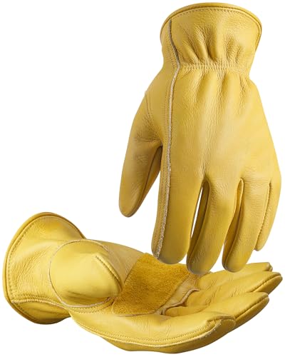 Cowhide Leather Gardening Work Gloves for Men 1 Pair Golden L