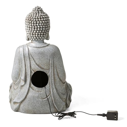 Buddha Fountain Outdoor with Pump & LED Light 23.25" H (Concrete Buddha W/Lotus Leaf&flower Basins / 23.25"H)