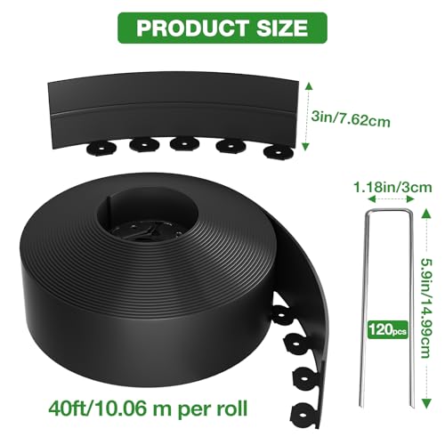 3in Tall 80ft Landscape Edging Kit with 120pcs Metal Spikes (Black / 3in*80ft)