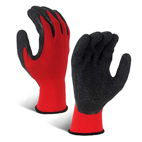 Crinkle Latex Rubber Coated Safety Work Gloves for Men Women (Large / Red-12 Pairs)