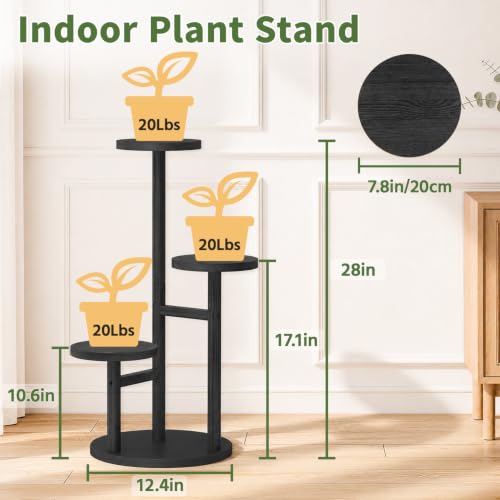Wood Small Plant Stand Table Tall for Indoor Corner (Standard Black / 3 Tier)