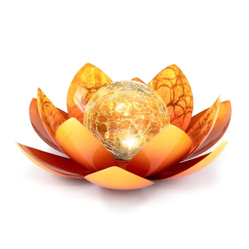 Solar Lights Outdoor Garden Decoration Crackle Globe Glass Waterproof LED Metal Orange Lotus Flowers Gift for Mom (Dazzling Blue)