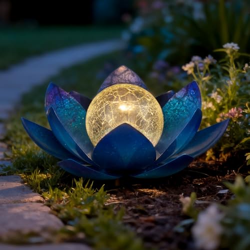 Solar Lights Outdoor Garden Decoration Crackle Globe Glass Waterproof LED Metal Blue Lotus Flowers Gift for Mom (BLUE2)