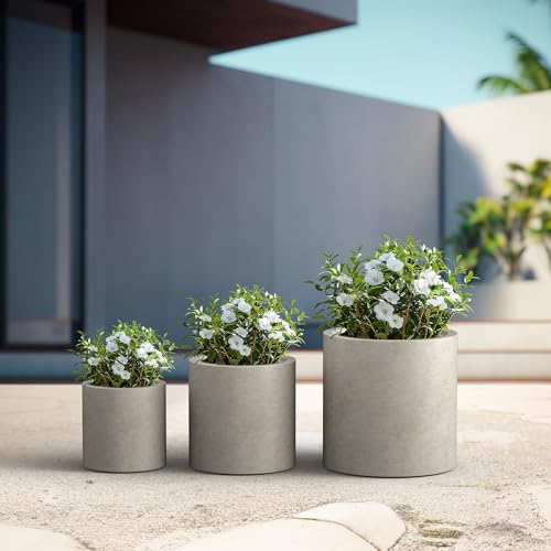 Set of 3 Weathered Concrete Cylinder Planters 15.8" 12.9" 9.8" Dia (3 Count)