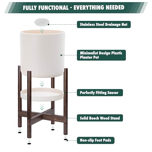 Plastic Pot with Walnut Wood Stand (Oatmeal Pot + Walnut Color Stand / 16 Inch)