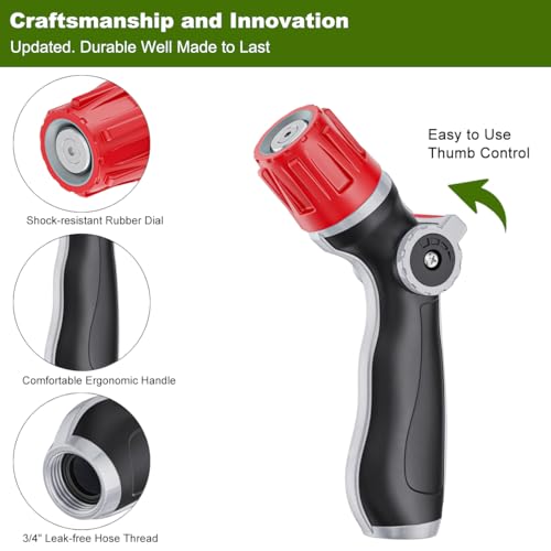 Upgraded Metal Garden Hose Nozzle Heavy Duty (Adjustable Tip / Red)