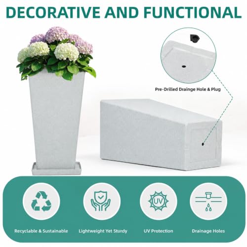 Autodaya 28" Plant Pots Tall Planters for Outdoor Plants Set of 2 with Tray (Tall Terrazzo White-28")