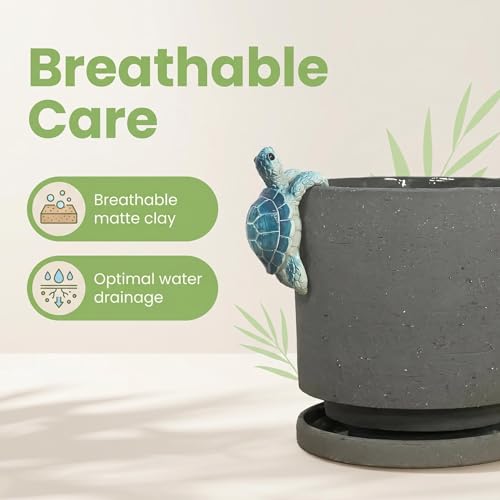 Ceramic Plant Pot with Cute Resin Figure for Idoor Plants (Charcoal Gray+bt / 5.7 Inch)