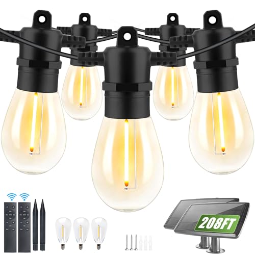 208FT(196+12) Solar String Lights Outdoor Waterproof, Solar Powered Patio Light with 60+3 Dimmable S14 Edison Bulbs Shatterproof & Remote Control, Solar String Lights for Outside Garden Backyard (208FT)