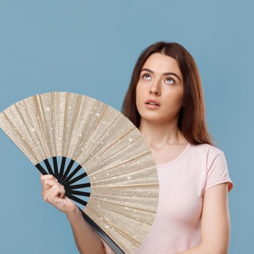 2 Pack Glitter Large Folding Hand Fans for Line Dancing (Champagne Gold)