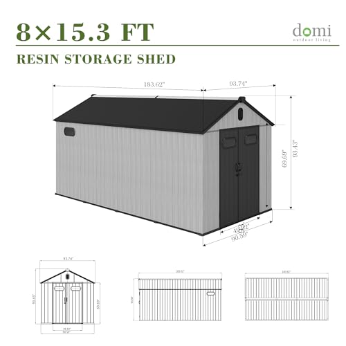 Domi 8x15.5FT Outdoor Resin Storage Shed with Transparent Windows & Louvered Vents (8x15.5FT)