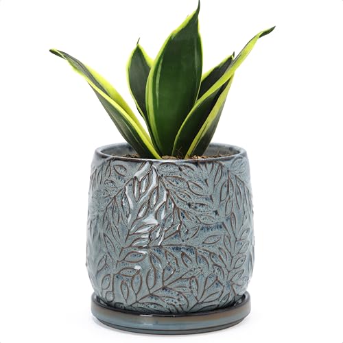 Embossed Leaves Ceramic Planter (5 Inch / Graphite Blue)
