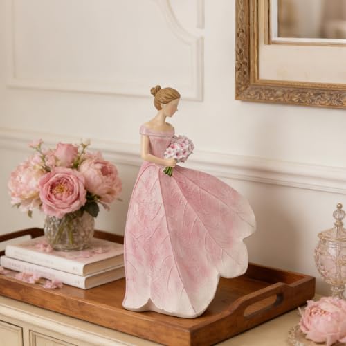 Pink Leaf Angel Girls Fairy Statue Collection Home Decoration (Pink-flower / Large)