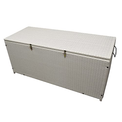 White Indoor and Outdoor Balcony Patio Deck Porch Pool 113 Gallon Wicker Storage Box Trunk Bin with Metal Frame (White)