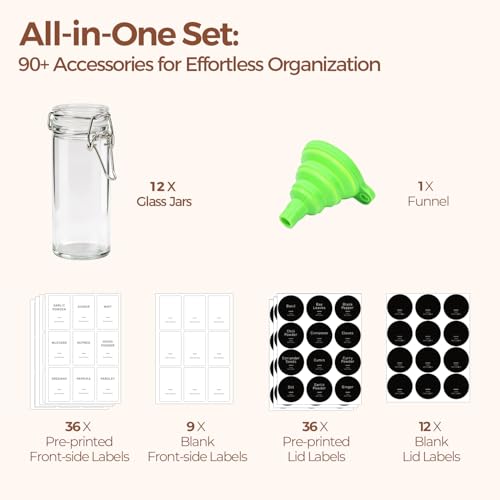 Small Glass Spice Jars with Airtight Lids 4 oz 12 Pack with Labels (4 fl oz x 12)